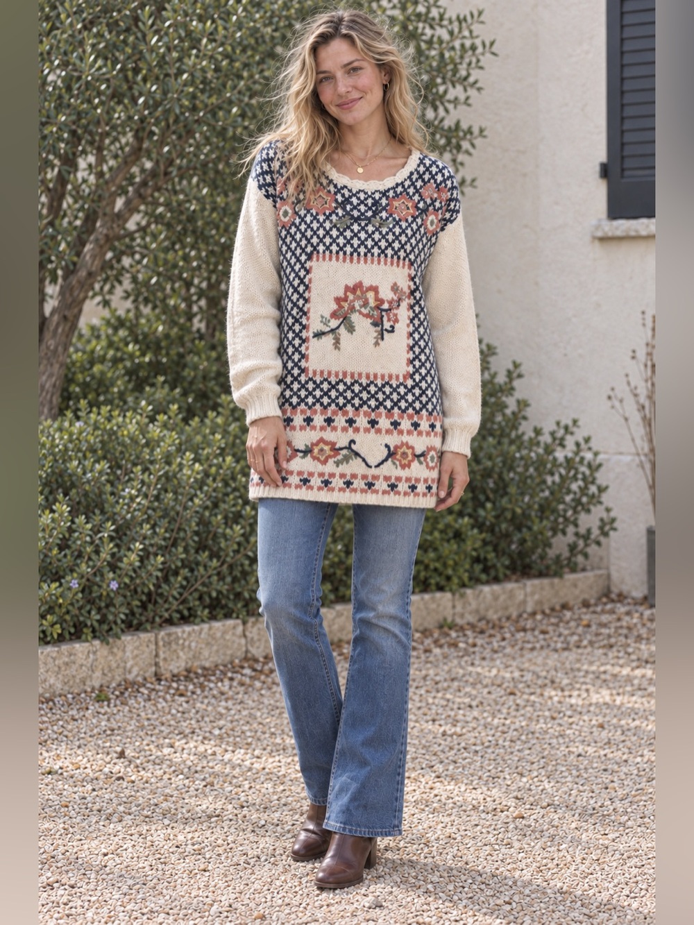 Carolina Colours Hand Knitted Floral Sweater Pink Navy White Ramie Blend Large